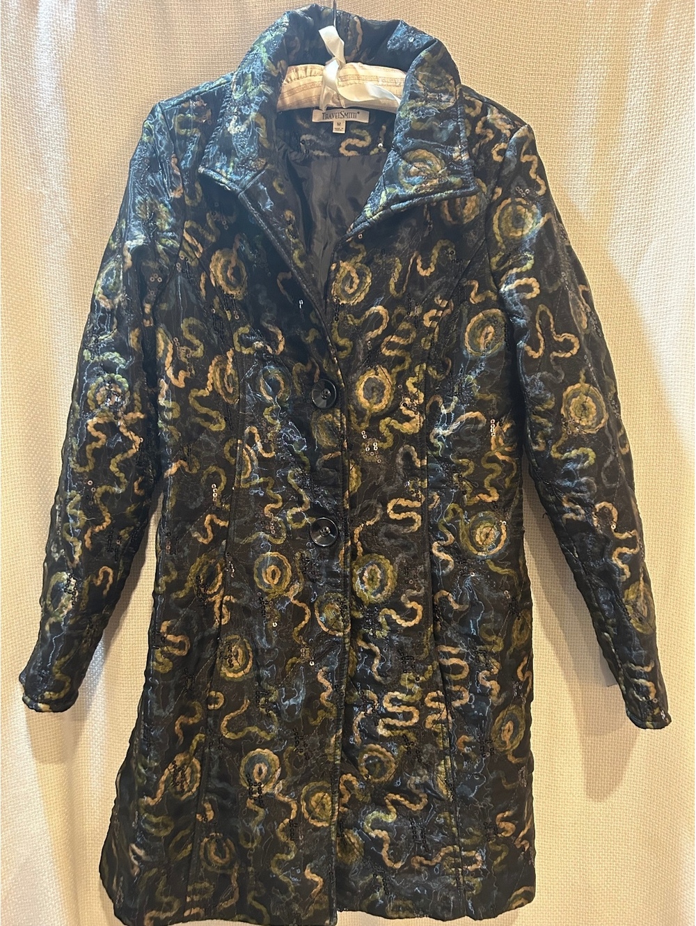 TravelSmith Women's Medium Black and Multicolor Patterned Coat with Sequins